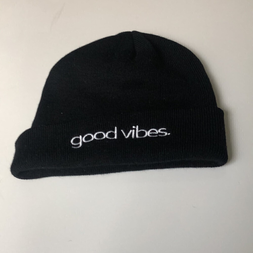 Black Knit Beanie Hat Good Vibes